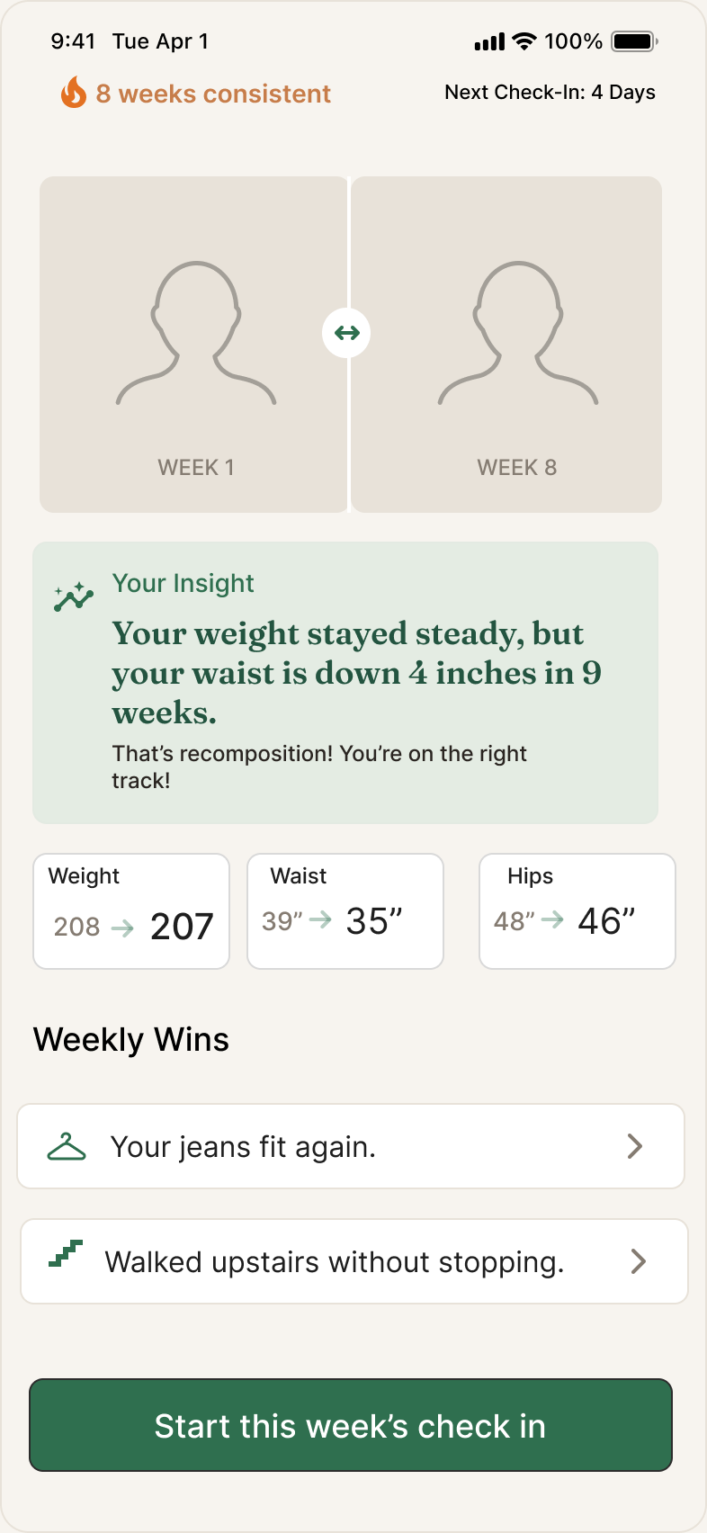 Recomp dashboard with the AI insight headline
