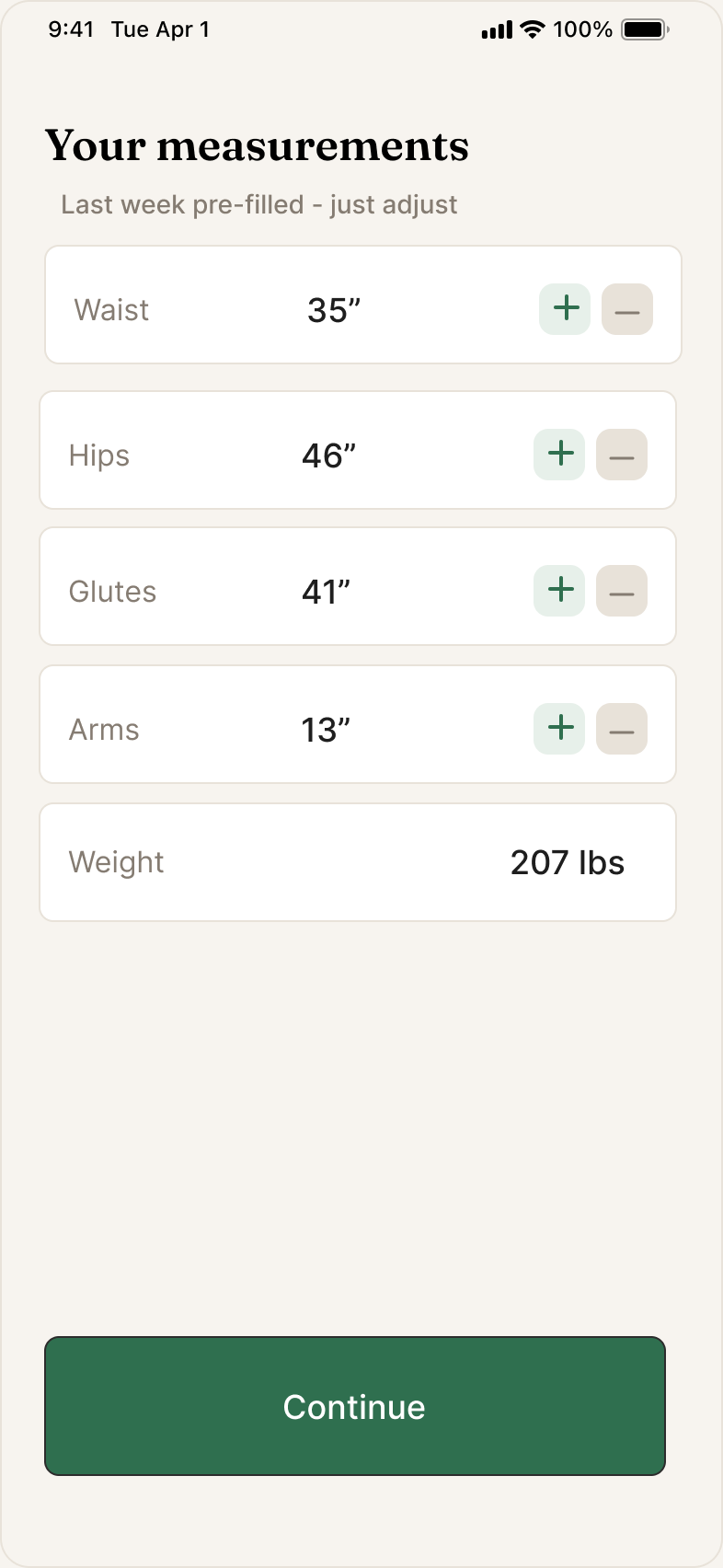 Measurements screen with last week's values pre-filled