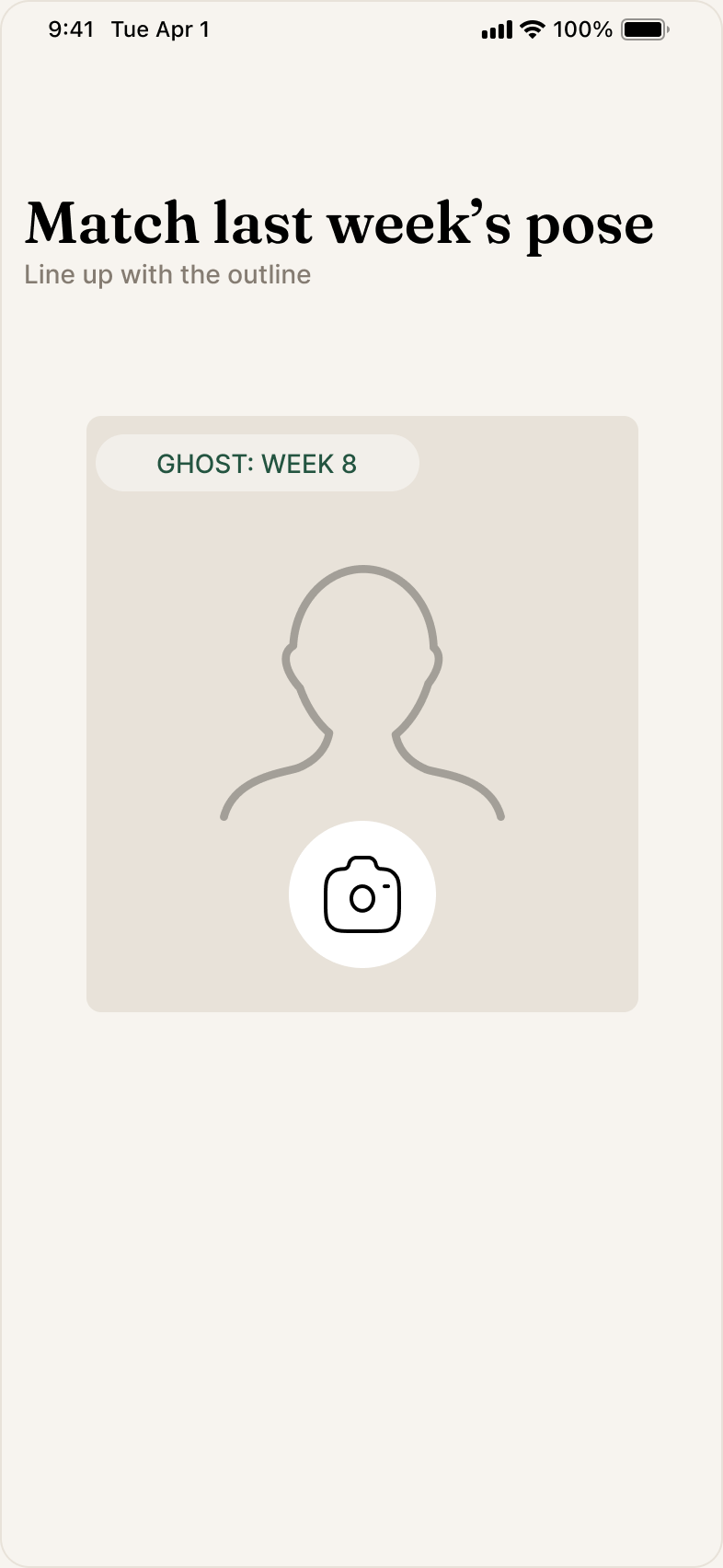 Photo capture screen showing the ghost overlay of last week's photo
