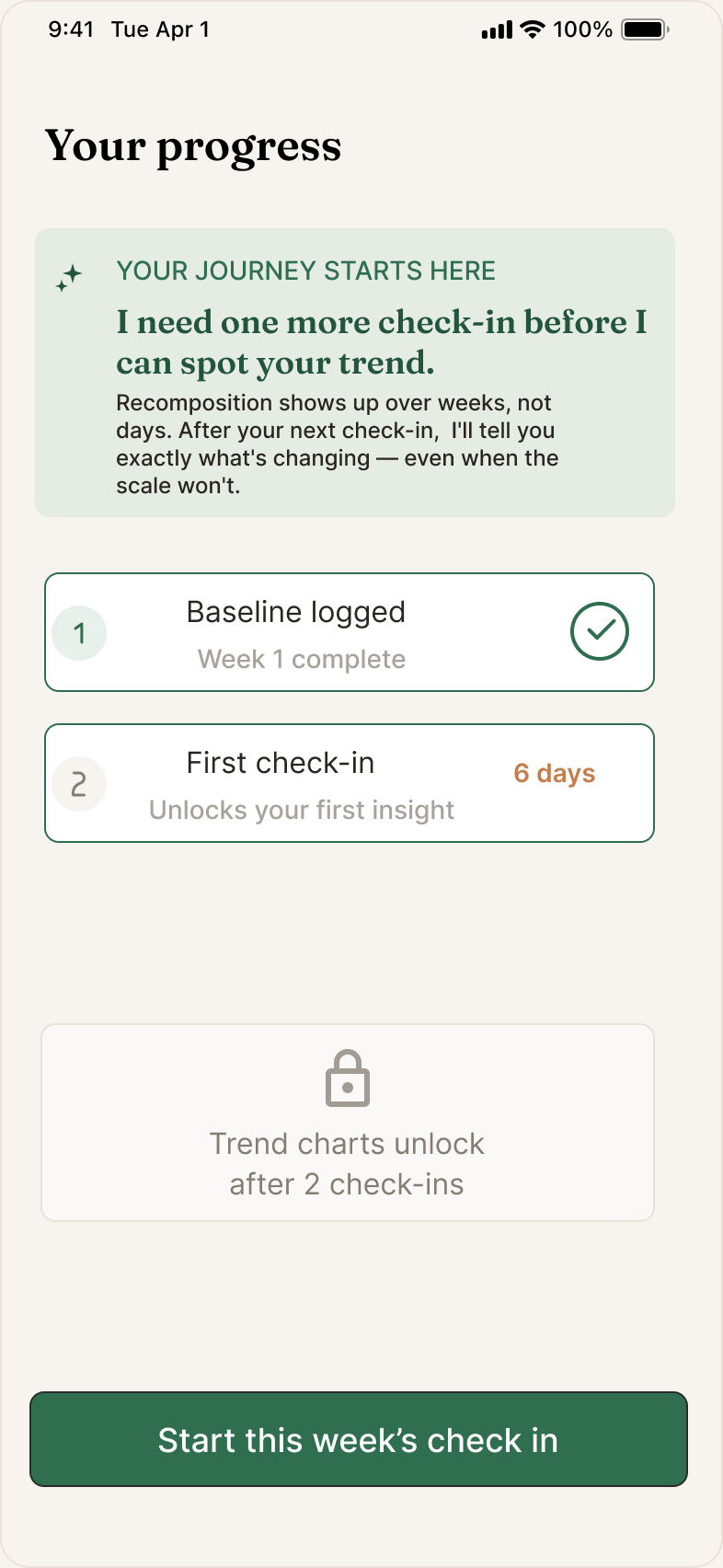 AI insight card stating it needs one more check-in before it can spot a trend