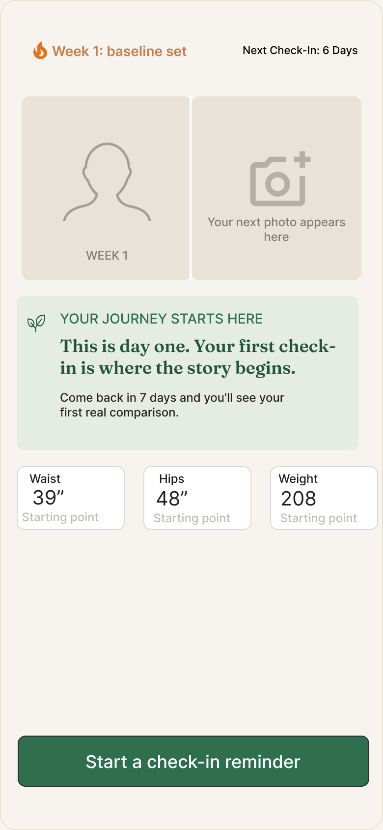 Week one dashboard showing only a baseline photo and a placeholder