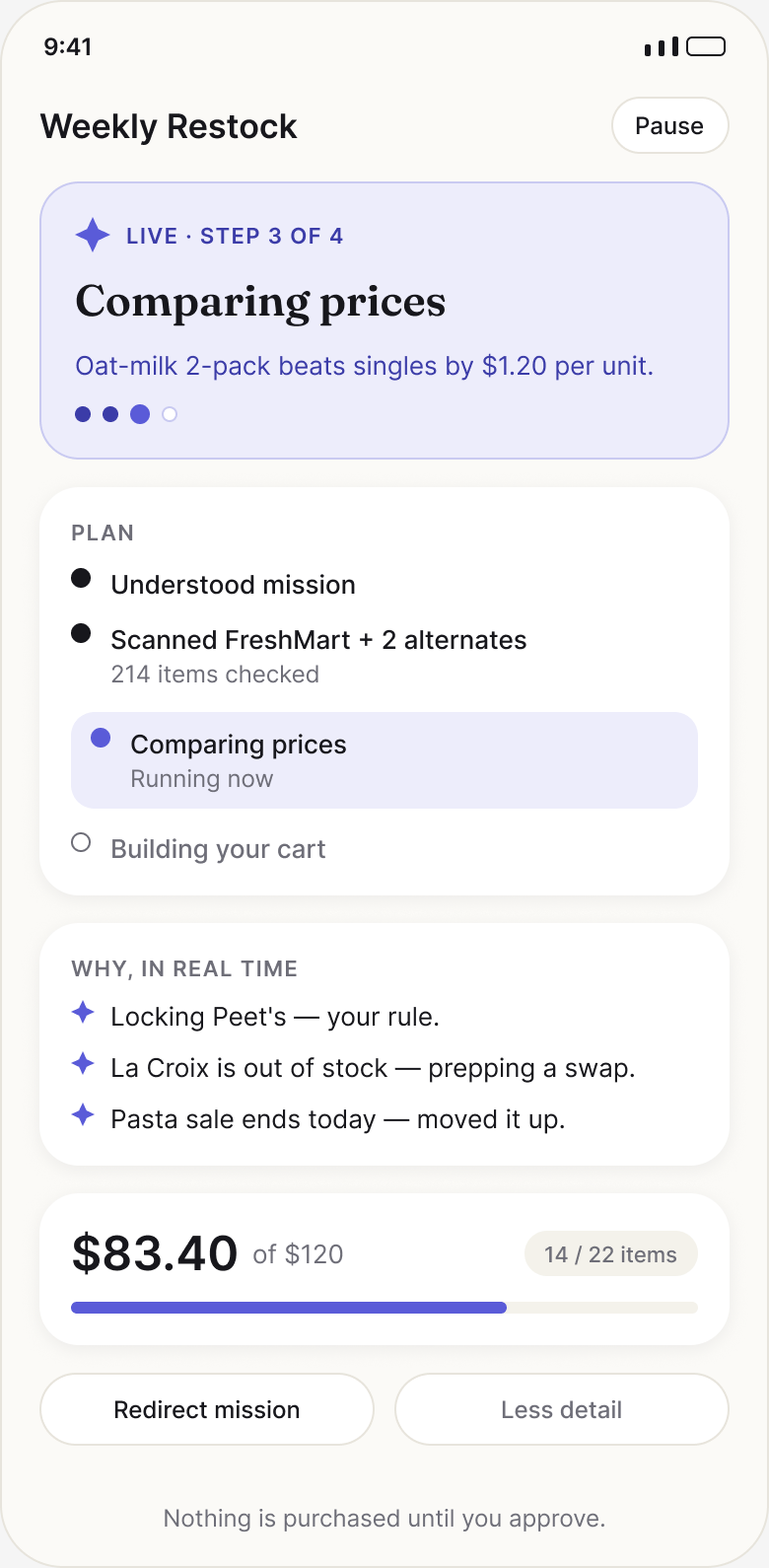 Agent Working — the reasoning stream, visible while it shops