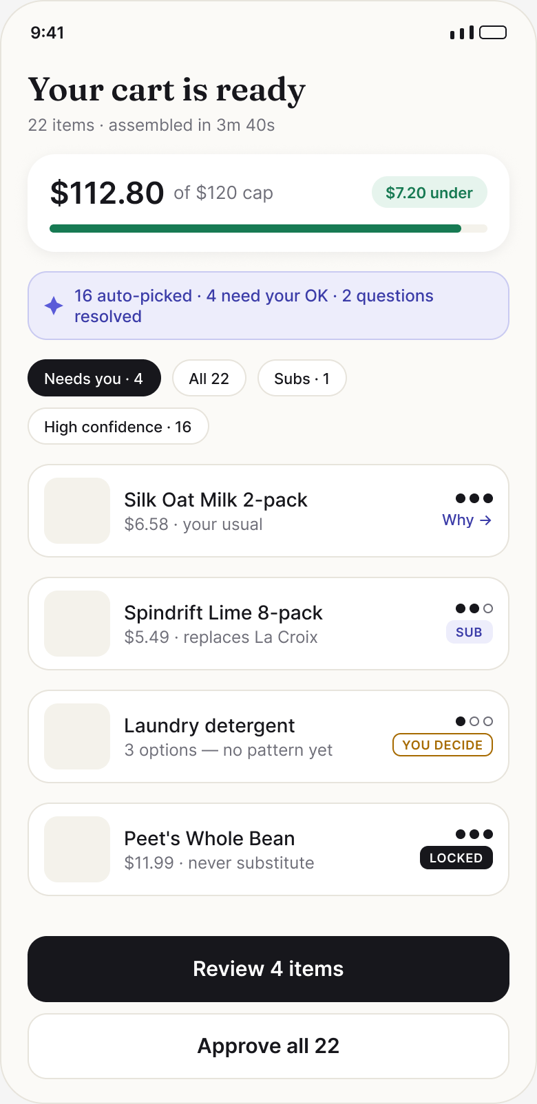 Trusted Agent cart proposal with confidence dots